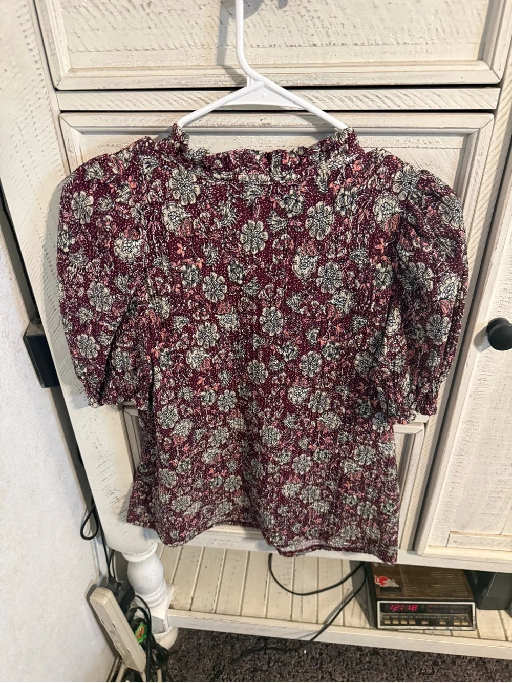 LOFT Burgundy Floral V-Neck Puff Sleeve Blouse
